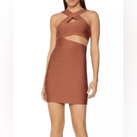 New Hervé Léger
Crystal Cross Neck Cutout Mini Dress (D9) - Picture 1 of 8